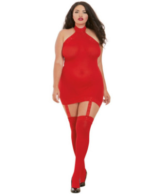 Bodystocking rouge grande taille effet guêpière avec dentelle 